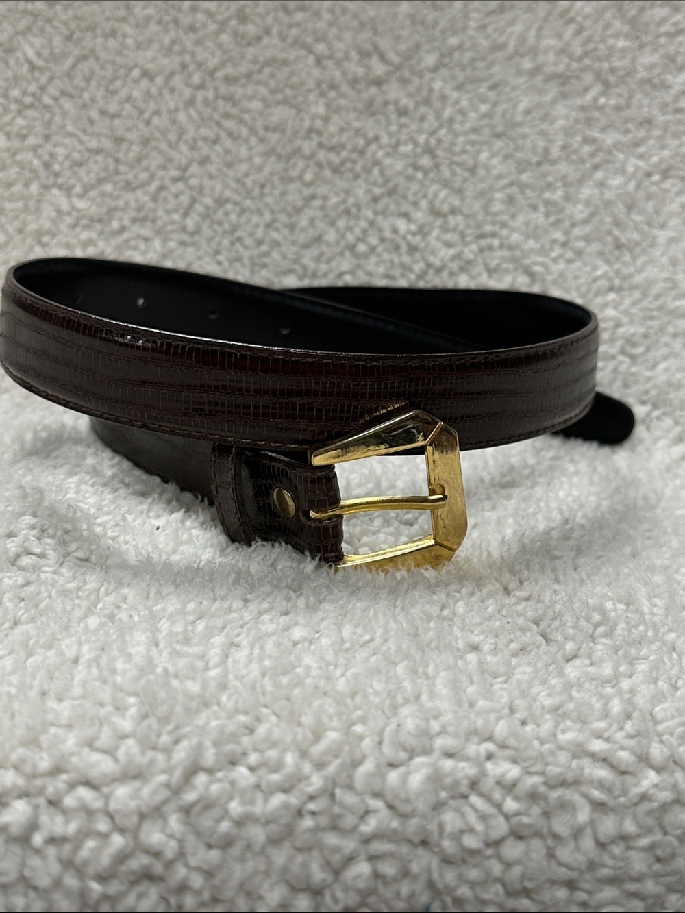 Lizard Textured Brown Vegan Leather Belt with Gold Buckle